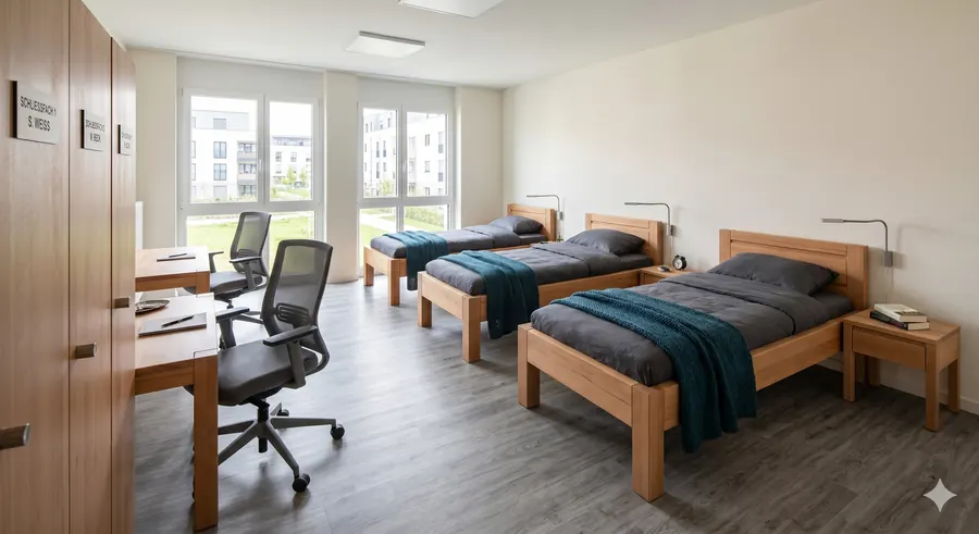 Schlafzimmer mit Schreibtisch und Arbeitsstuhl